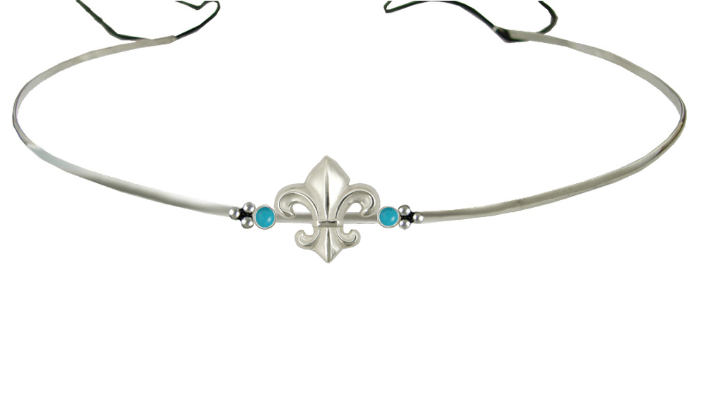 Sterling Silver Renaissance Style Fleur de Lis Headpiece Circlet Tiara With Turquoise
